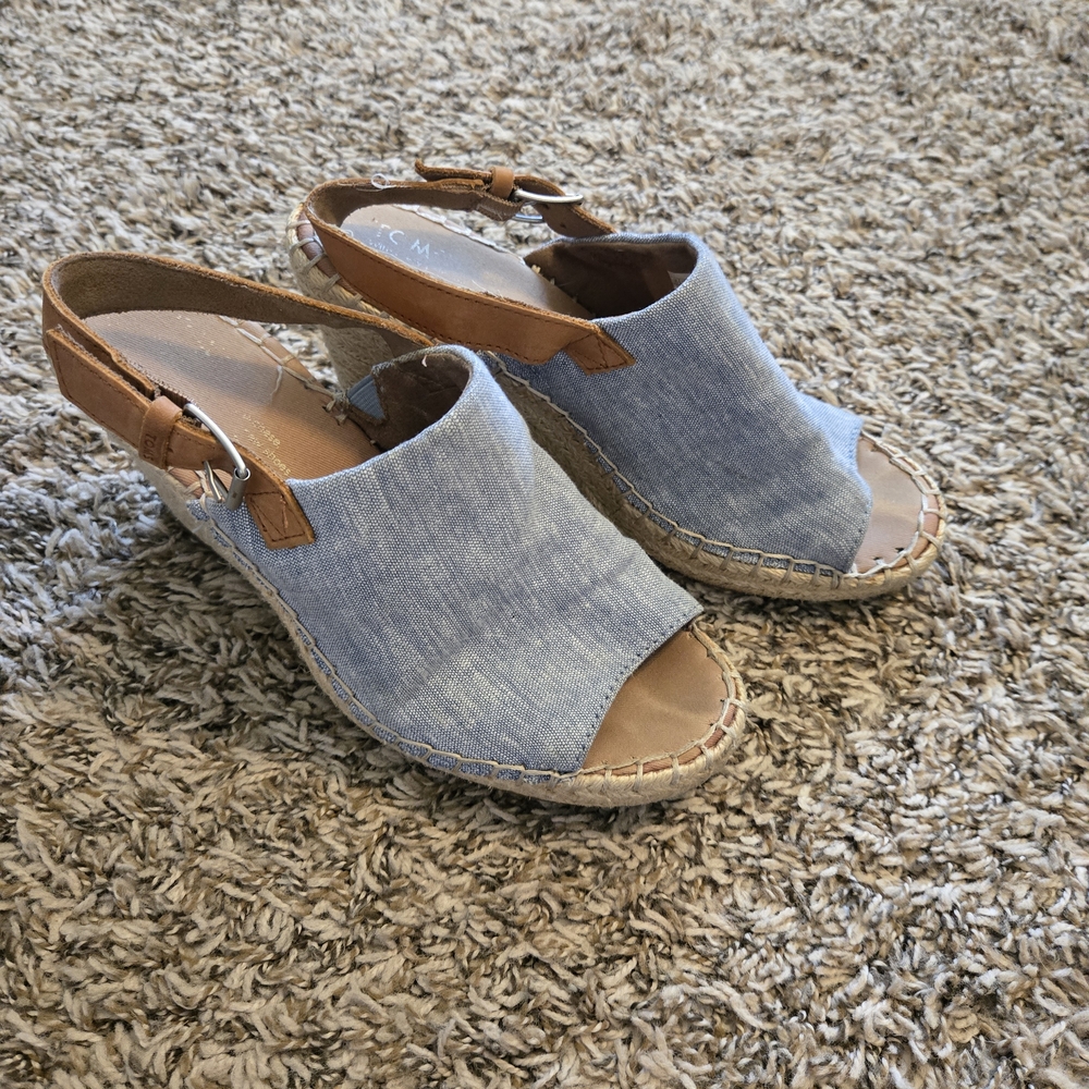 Toms Blue Denim Espadrille Wedge Sandals with Tan Strap - Picture 2 of 5
